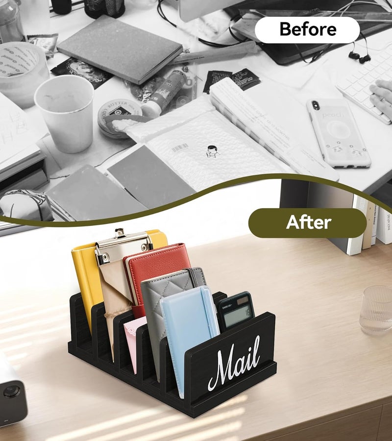 KISENG Mail Organizer for Desk,Wooden Mail Holder with Divider, 5-Slot Letter Sorter File Holder,Vertical Bill Organizer for Desktop Document/Notebook/Filing/Folders/Paper - Image 4